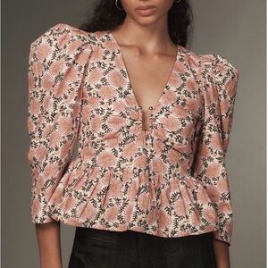 Rhode Alma Puffed Sleeve Peplum Top - PEACH